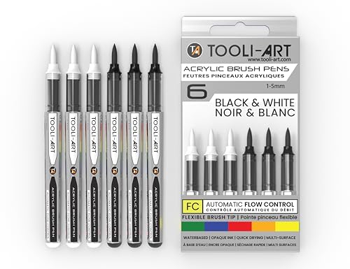 6 Black & White Acrylic Paint Pens – Flexible Brush Markers with Automatic Flow Control, 1–5mm, Waterbased, Illustration, Lettering & Multi-Surface Glass, Wood, Metal, Canvas, Fabric, Plastic, Paper