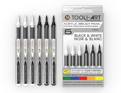 6 Black & White Acrylic Paint Pens – Flexible Brush Markers with Automatic Flow Control, 1–5mm, Waterbased, Illustration, Lettering & Multi-Surface Glass, Wood, Metal, Canvas, Fabric, Plastic, Paper