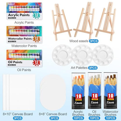 ESRICH Acrylic Paint Canvas Set, 78 Pcs Professional Painting Supplies Kit with 3 Wood Easel, 3 * 12Colors, 3 * 10 Brushes,Circular Canvas Etc, Premium Paint Kit for Kids, Artists and Beginner - color: 36Color