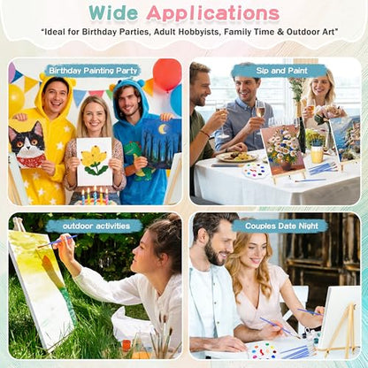 4 Pack 8x10 Inch Canvas and Easel Set, Sip and Paint Kit for Adults,Art Canvas Bulk with Easels Stands, Trays,Small Paint Brushes,12 Colors Mini Acrylic Paint Set for Couples and Party Supplies