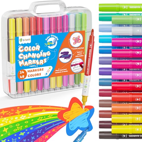 D-FantiX Color Changing Markers for Kids Adults, 24 Pack 48 Colors Dual Tip Magic Drawing Pens Art Supplies, Arts and Crafts Coloring Set, Car Airplane Travel Activities, Gifts for Boys Girls Teens