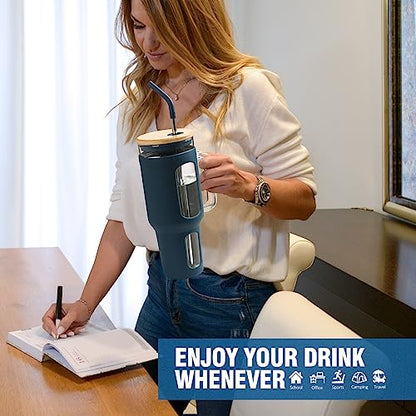 WINSA Glass Tumbler with Lid and Straw, 46 oz Iced Coffee Cup with Handle, Large Water Bottles with Silicone Sleeve, Glass Cup with Straws - Pearl Straw & Drinking Straw BPA Free-Blue - color: Blue, size: 46 Ounces