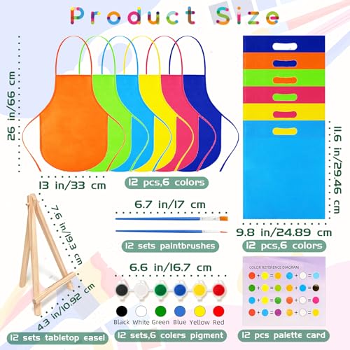 48PCS 12 Sets Printed Canvas Paint Art 12 Pcs Wooden Easel Set Paint Pots and Brushes and 12 Pre Drawn Canvas Panel 12 Pcs Mini Apron and Tote Bag for Kids(Animal) - style: Animal