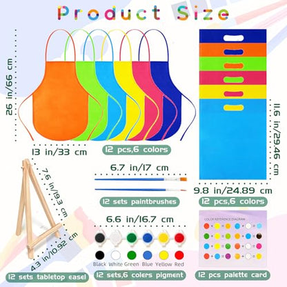 48PCS 12 Sets Printed Canvas Paint Art 12 Pcs Wooden Easel Set Paint Pots and Brushes and 12 Pre Drawn Canvas Panel 12 Pcs Mini Apron and Tote Bag for Kids(Cute) - style: Cute