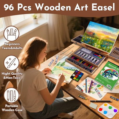 conda 96 Piece Premium Wooden Art Set with 2 Drawing Pads - Painting & Drawing Supplies Kit with Watercolor, Acrylic Paints, Brushes & More Art Supplies for Artists Adults Teens Girls