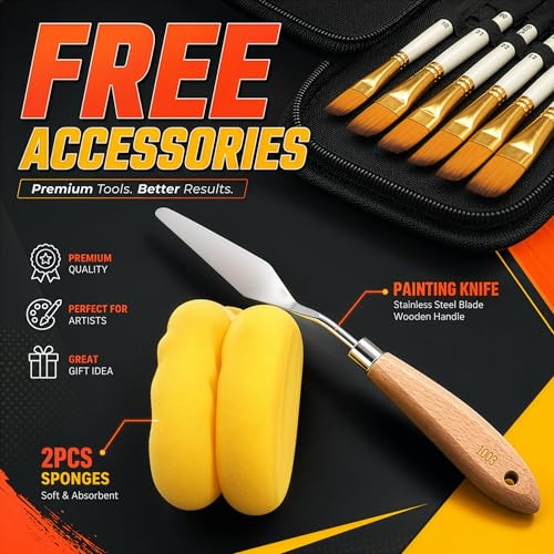 DUGATO Paint Brush Set 15 pc with Pop-Up Case, Palette Knife & Sponges | Short Handle Brushes for Oil, Acrylic, Gouache, Watercolor, Model & Craft, Includes Mixing Knife & Sponge - color: Premium Bristle - 15pcs