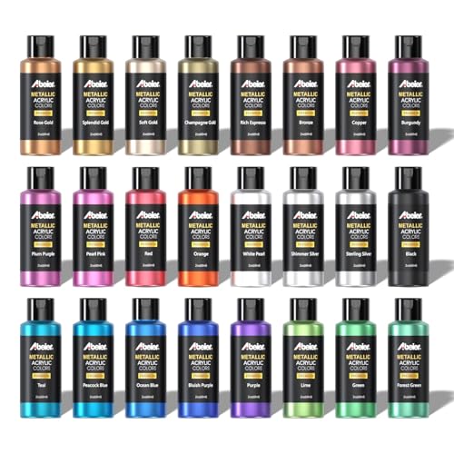 ABEIER Metallic Acrylic Paint, Set of 24 Metallic Colors in 2oz/60ml Bottle, Rich Pigments, Non Fading, Non Toxic Paints for Artist, Beginners & Kids Painting on Rocks Crafts Canvas Wood, Fabric&Stone - style: Metallic Colors