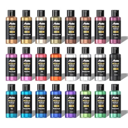ABEIER Metallic Acrylic Paint, Set of 24 Metallic Colors in 2oz/60ml Bottle, Rich Pigments, Non Fading, Non Toxic Paints for Artist, Beginners & Kids Painting on Rocks Crafts Canvas Wood, Fabric&Stone - style: Metallic Colors