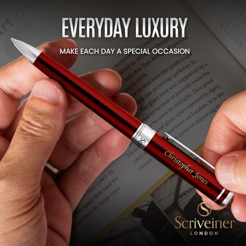 Scriveiner Personalized Deep Crimson Red Ballpoint Pen - Stunning Red Lacquer Luxury Pen with Chrome Finish, Schmidt Ink Refill, Engraved Ball Point Gift Set for Men & Women, Custom Engraving - color: 9. Crimson Red with Chrome (Personalized)