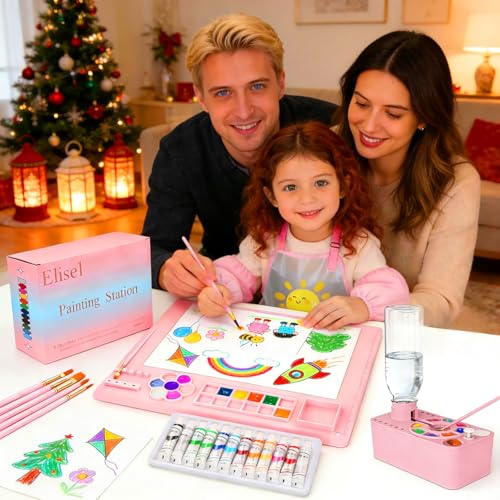 Elisel Painting Station,5 IN 1 Art Paint Supplies Kits,Paint Brush Cleaner (Upgraded),Silicone Painting Mat 12 Colors Paint Set,10 Paint Brushes,Painting Apron for Kids Artist Beginners (Pink, 5) - color: Pink