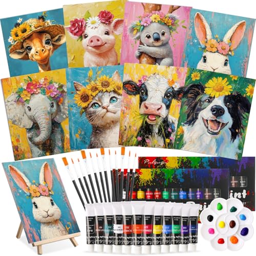 Cholemy 36 Pcs Paint and Sip Kit for Adults 8''x10'' Pre Drawn Canvas for Painting DIY Afro Acrylic Painting Kit Wood Easel Brushes Date Night Bulk for Summer 4th of July Party Gift(Flower Animals) - style: Flower Animals