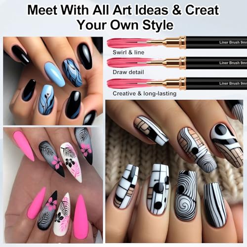 MUIIGOOD Nail Art Liner Brushes, 5Pcs Liner Brush For Nails, Painting Nail Art Brush Set Dotting Drawing Tool for Long Lines, Thin Details, UV Gel Polish Painting, Fine Drawing 7/9/11/15/25mm(Black) - color: Black