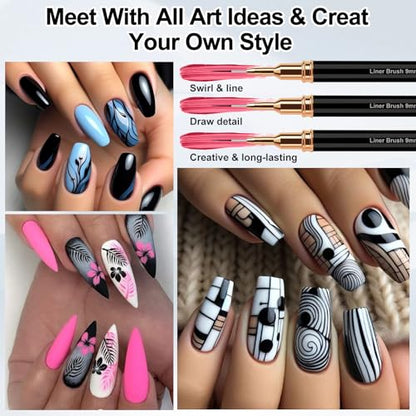 MUIIGOOD Nail Art Liner Brushes, 5Pcs Liner Brush For Nails, Painting Nail Art Brush Set Dotting Drawing Tool for Long Lines, Thin Details, UV Gel Polish Painting, Fine Drawing 7/9/11/15/25mm(Black) - color: Black