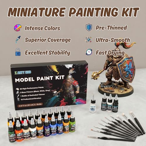 Model Paint Set, 34-Piece Miniature Painting Kit for Figures, 20 Acrylic Paints with 10 Brushes, 3 Primers, 1 Thinner, Complete Hobby Paint Set for Model Car, Miniature & Tabletop Wargaming