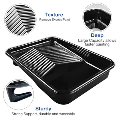 Great Andrew 9 Inch Paint Tray Set, 15-Pack, Plastic Paint Tray with 12 Textured Tray Liners, Paint Brush, Paint Roller and Wire Roller Frame for Painting Walls, Ceilings, Trim, Siding - size: 15 Pack Liners Kit, 9 In