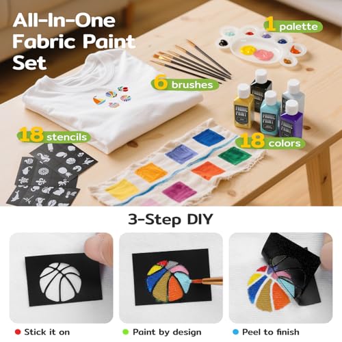 TMOL Fabric Paint Set - Permanent & Washer Safe, 18 Vibrant Colors, in Bottles (60ml/2oz), Non-Toxic Certified Fabric Paint with Brushes & Stencils, Textile Paint for Clothes, DIY Projects & Art - color: 18 colors