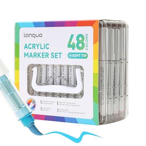 48 Colors Acrylic Paint Markers, Brush Tip Acrylic Paint Pens with Organizing Case, Multi Surface Brush Markers Set for Fabric, Glass, Wood, DIY Crafts - color: 48 Color