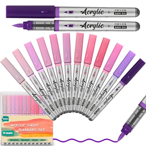 Purple Acrylic Paint Markers Pens 12 Color Creative Marker Set with Soft Brush Tip Blendable, Water-Based Formula for Paper, Wood, Ceramic, Glass, Rock, Canvas, Metal, Ideal for DIY Crafts - color: Purple