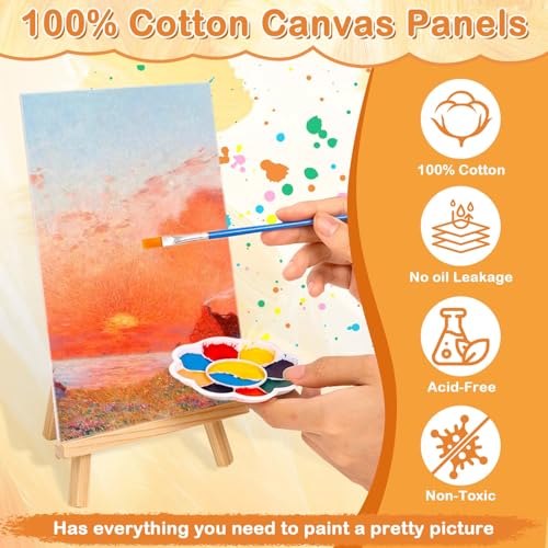 24 PCS Acrylic Paint Set, 2Pack Art Canvas with Easel Stand, 12 Acrylic Paints, 14 Brushes, Palettes, Aprons -Beginner Painting Kit, Mini Painting Canvas with Easel Set, Painting Kits for Adults Party - color: Vibrant Colors-2 pack