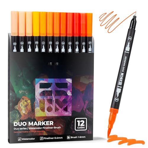 ZSCM Orange Duo Tip Marker Pens, 12 Pack Fine & Brush Markers for Adult Coloring Books No Bleeding, Sunset Orange Markers for Autumn Scenes, Citrus Fruits, Vibrant Fills and Energetic Artworks - color: 12 Orange