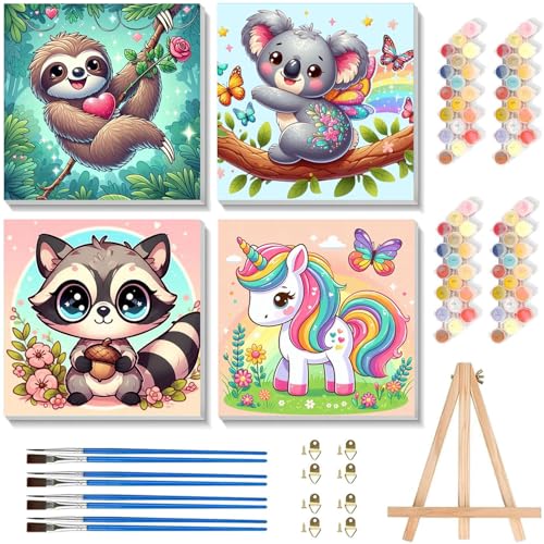 cviokrdu 4 Pack Paint by Numbers Kit for Kids with Frame - Wooden Easel, Animal Paint by Numbers for Kids Ages 4 8 12, Easy Animals Acrylic Oil Painting Kits for Home Wall Decoration 8x8 inch - color: BKH1976-BKH1979