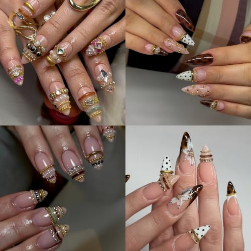 2 Boxes Strips Metal Chain Nail Art Charms Punk Luxury Pearl Gems Nail Rhinestones Chains Nail Charms for Acrylic Nails Bling Shiny Gold Silver Diamond Nail Jewelry for Women Nail Supplies DIY Crafts - color: bronze