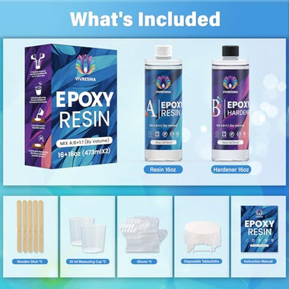 Vivresina Epoxy Resin Kit 32 OZ, Resina Epoxica for Crafts | Crystal Clear Bubble Free Art Resin, No Yellowing Self-Leveling Food Safe for DIY Jewelry Making, Casting, Molds Mix 1:1 - size: 32 OZ