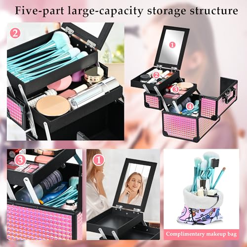 Makeup Case Organizer,Makeup Train Case, Trays Cosmetic Box Portable, Profesional for Salon Barber,Black Bright Pink - color: Black Bright Pink