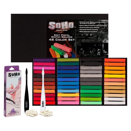 Soho Urban Artist Soft Pastel Sketch Squares Set of 48 with Pastel Blender Knife - Professional Vibrant Chalk Pastels