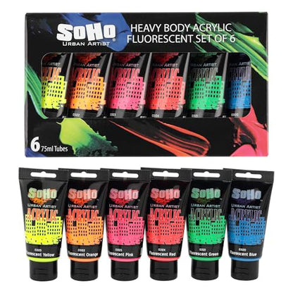 Soho Urban Artist Heavy Body Acrylic Paint - Set of 6-75mL - Fluorescent - Thick, Rich Color, Excellent Coverage, Professional Quality - Artists Acrylic Paint - size: 1 Fl Oz (Pack of 6)