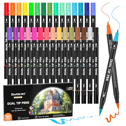 Shuttle Art Dual Tip Brush Marker Pens, 30 Colors Dual Tip Calligraphy Pens Fine and Brush Tip Markers Set, Water-based Ink Perfect for Kids Adult Artist Calligraphy Journal Doodling Writing - color: 30 Colors