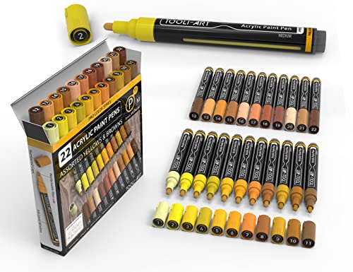 TOOLI-ART 22 Acrylic Paint Markers Paint Pens Pro Color Series Set 3mm Medium Tip for Rock Painting, Glass, Mugs, Wood, Metal, Glass Paint, Canvas, DIY. Non Toxic, Waterbased, Quick Drying (YELLOWS) - color: YELLOWS