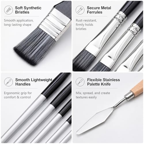 24Pcs Multi-Shape Paint Brushes Set for Acrylic, Oil, Watercolor & Gouache with Palette Knife and Waterproof Canvas Roll, Synthetic Bristles Art Supplies for Artists & Beginners