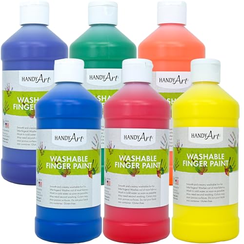 Handy Art Washable Finger Paint, Set of 6 Colors, 16 oz Bottle, Easy Clean Up, Sensory Paints for Fingers & Hand Prints, Ages 3 & Up, Safe for Kids & Toddlers, AP Certified Non-Toxic, Made in USA - color: Set of 6 Colors