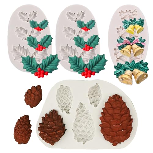 4PCS Christmas Fondant Molds, Christmas Holly Leaves Bells Pinecone Silicone Chocolate Molds, Unique Shape Cake Pop Candy Gummy Molds for Baking, DIY Holiday Dessert Polymer Clay Candle Craft - color: 4pc xmas