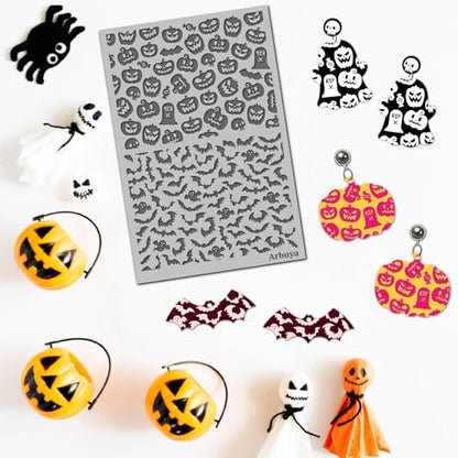 Halloween Polymer Clay Texture Mat - Pumpkin Bats Ghost Texture Sheets for Polymer Clay Earring Charm Jewelry Making, DIY Craft Supplies - style: Sooky Pumkin