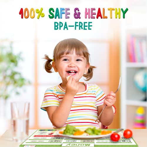 Merka Kids Placemat for Dining Table - 4 Pack 17 x 11 in Multicolor - Teaching Time, Money & Kids Calendar - Four Seasons Scenes - Silicone Reusable & Wipeable - style: Time, Money, Calendar, Seasons