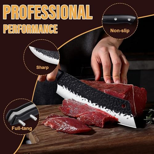 Golden Bird Butcher Knife Set - 4pcs Hand Forged Meat Cleaver Knife & Serbian Chef Knives & Sharp Viking Knives for Meat Cutting, Camping, BBQ, Christmas Gifts for Men Women - size: 13.4inches