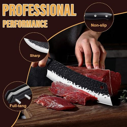 Golden Bird Butcher Knife Set - 4pcs Hand Forged Meat Cleaver Knife & Serbian Chef Knives & Sharp Viking Knives for Meat Cutting, Camping, BBQ, Christmas Gifts for Men Women - size: 13.4inches