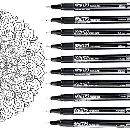 BRUSTRO Professional Pigment Based Fineliner - Set of 10 Colour - Black