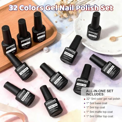 JODSONE 32 Colors Gel Nail Polish Kit with Base Coat Matte Glitter Top Coat Soak Off Manicure Tools Manicure Salon DIY at Home - color: B29