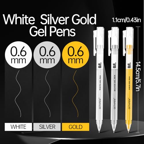 GETHPEN White Gold and Silver Gel Pen Set, 0.6mm Extra Fine Point Pens Gel Ink Pens Opaque Archival Ink Pens for Black Paper Drawing,Sketching,Card Making, Illustration, Bullet Journaling, 6 Pack - size: 0.6 mm, style: 6 Pack White, Gold and Silver
