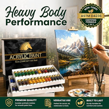 MyArtscape Heavy Body Acrylic Paint Set — 72 Colors x 21ml Artist Acrylic Paints with 3 Paint Brushes for Canvas, Wood, Fabric & Crafts | Rich Pigment Non-Toxic Professional Art Supplies for Adults & Beginners