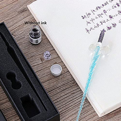 Earlyred Calligraphy Pen Set Handmade Glass Dip Pen Holder Crystal Drip Fountain Pen Writing Signatures Pen Ink Washing Inkwell Pen Decoration Office Student Gift Blue (Not Ink)