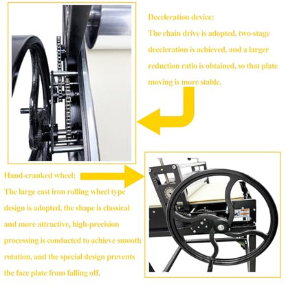 HQHAOTWU Manual Print Making Machine Slab Roller Printing Press Machine for Woodblock Copperplate Chain Drive Vertical Steel Roller Engraving Tool with Universal Casters for DIY Pressed Artworks