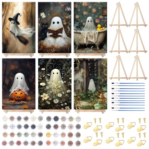 YooNotee 6 Pack Ghost Paint by Numbers Kit on Canvas with Wooden Easels & Brushes, 12x8 Inch Halloween Canvas for Adults Art Set Easy Acrylic Ghost Paint Kit Beginners for Halloween Home Decor - style: Ghost
