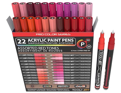 Acrylic Paint Pens 22 Red & Pink Tones Assorted Pro Color Series Markers Set 0.7mm Extra Fine Tip for Rock Painting, Glass, Mugs, Wood, Metal, Canvas, Projects, Non Toxic, Waterbased, Quick Drying - color: RED XF