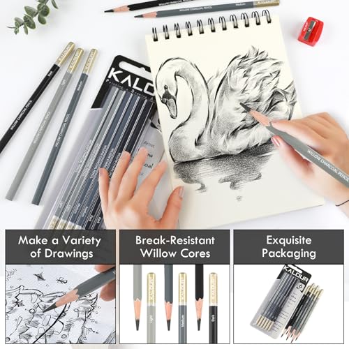 KALOUR PDAS Professional Willow Charcoal Pencil Set - 6 Premium Pencils (Light to Dark Shades) for Drawing, Sketching & Shading, Artist-Grade Tools for Beginners & Professionals