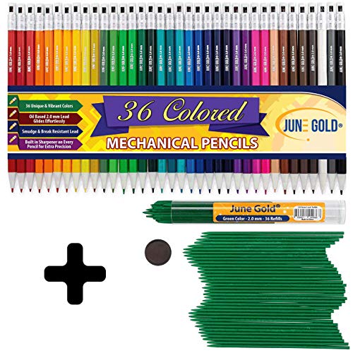 June Gold 36 Green Lead Refills and 36 Assorted Colored 2.0 mm Mechanical Pencils in 36 Unique Colors