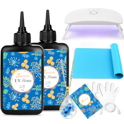 Bsrezn 200g UV Resin Kit with Light, Crystal Clear Solar Activated UV Epoxy Resin for Jewelry Making (100g x 2) - size: 200g Kit with Light